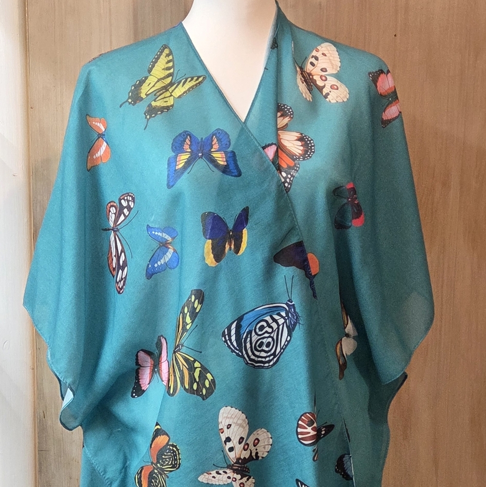 JC Sunny Just Classic Teal Butterfly Print Wrap Kimono NWT